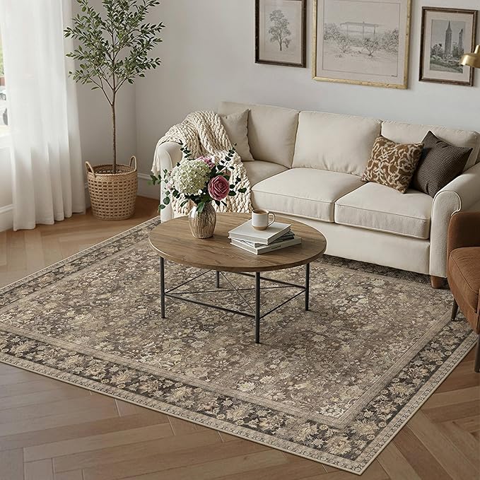 HUGEAR 5x7 Machine Washable Rugs Brown Hallway Area Rug Indoor Accent Rug Floral Low Pile Carpet Soft Throw Aesthetic Rug Bedroom Living Room Office Dining Room Kitchen Laundry Room Non Slip