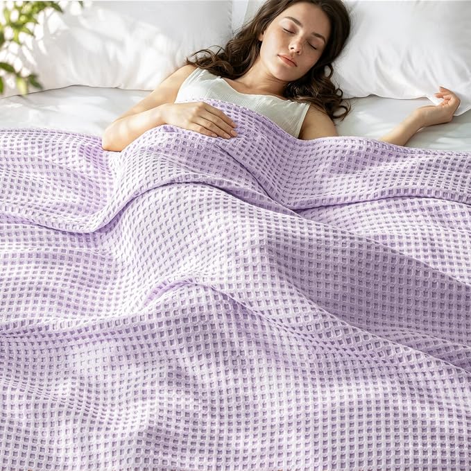 Exclusivo Mezcla Pre-Washed 100% Cotton Waffle Blanket Twin Size for Bed, 330GSM Lightweight Breathable Summer Blankets, Soft and Cozy, Home Decor, Light Purple, 60x80 Inches