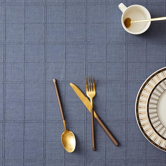 ZeeMart Linen Checked Table Cloth 60x60 Inches, Farmhouse Style Plaid Embroidered Water Resistant Square Table Cover, Blue