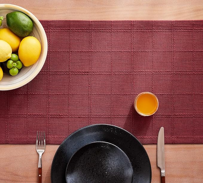 ZeeMart Linen Checked Farmhouse Table Runner, 13x48 Inches Burgundy | Raised Grid Design, Rich Woven Texture, Linen Blend Table Runners 48 Inches Long, Machine Washable, Boho Home Kitchen Decor