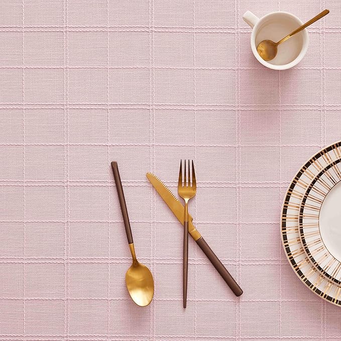 ZeeMart Linen Checked Table Cloth 60x84 Inches (Fit 5ft, Narrow Fit 6ft Rectangle Table), Farmhouse Style Plaid Embroidered Water Resistant Table Cover, Pink