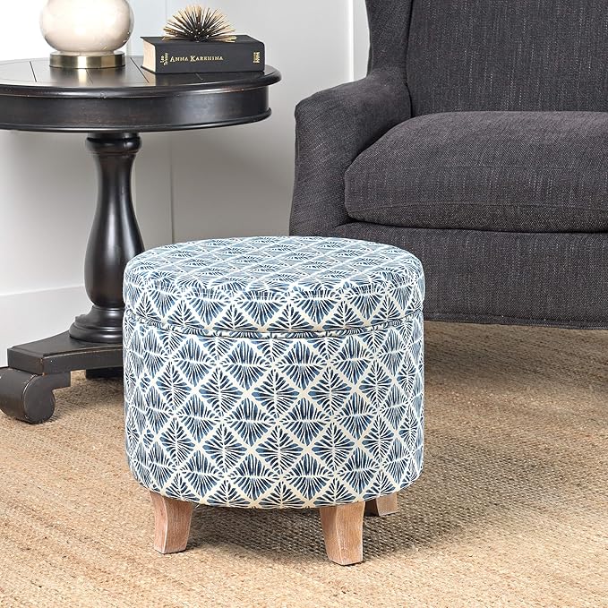 Homepop Home Decor | Upholstered Round Storage Ottoman | Ottoman with Storage for Living Room & Bedroom with Flared Legs, Navy Blue Geometric Pattern Large