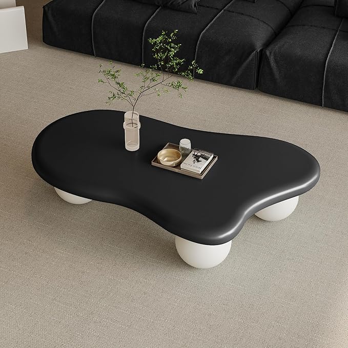 47" Irregular Coffee Table Cloud Coffee Table for Living Room Modern Low Coffee Tables Cute Small Center Table with 3 Ball Legs for Small Space Apartment Black & White
