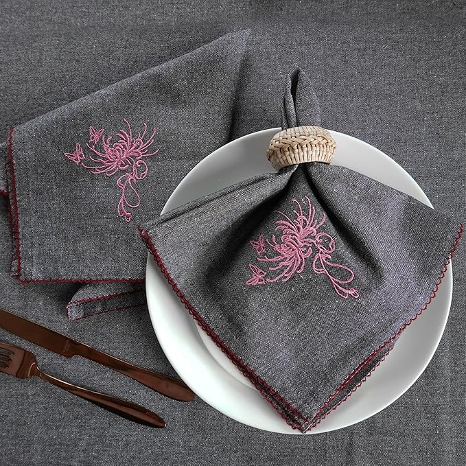 Luxury Embroidered Cloth Napkins – Coal Flame, Set of 6, 18x18 | Charcoal Dinner Napkins with Pink Floral Motif | Elegant Cotton Blend Table Napkins for Christmas, New Year & Formal Dining
