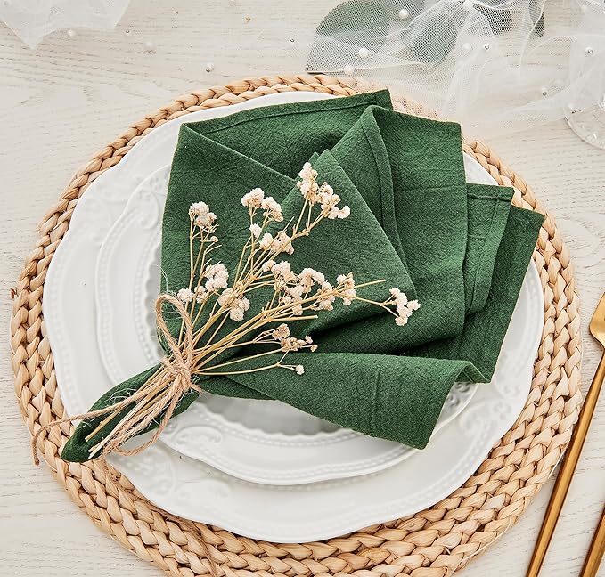 Dinner Cloth Napkins Bulk,100% Natural Soft Fall Cotton Linen Napkins,Washable Napkins with Hemmed Edges for Wedding Decorations Christmas,16”*16”, (Set of 12, Dark Green)