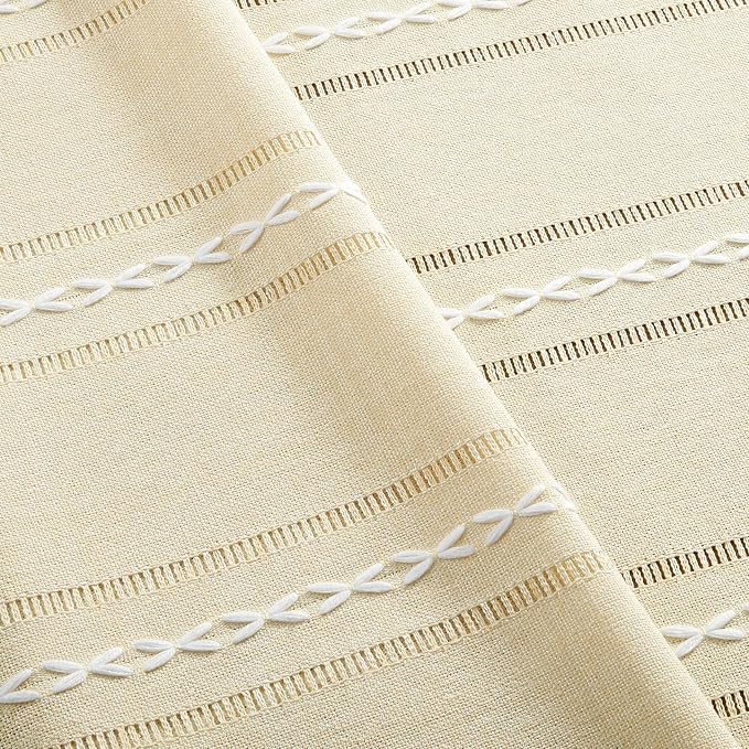 ZeeMart Hemstitched Embroidery Striped Boho Tablecloth 54x54 Inch Beige, Heavy Weight Farmhouse Burlap Linen Beige Tablecloth, Wrinkle Resistant Washable Table Cloth for Square Table