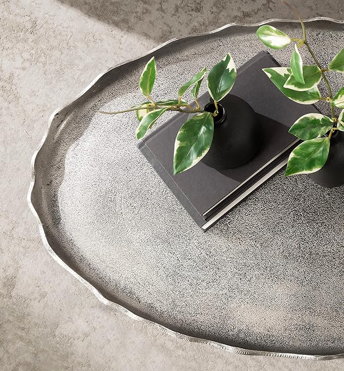 Kate and Laurel Alessia Modern Glam Oval Coffee Table, 34 x 20 x 15, Silver, Metal Living Room Table for Storage and Display with Antique Deckled Edge Detailing
