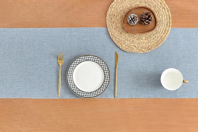 Wracra Linen Style Table Runner, Rustic Farmhouse Chambray Dusty Blue Table Runners 108 Inches Long, Handcrafted Table Runner for Fall, Winter - Everyday Use and Machine Washable